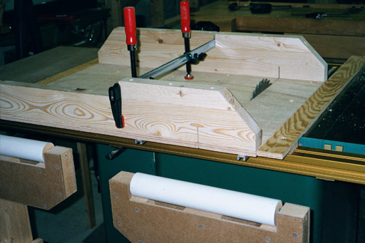 Cut-off Box with Clamps.  Cut initial slot.  Temporary fence to assure straightness.